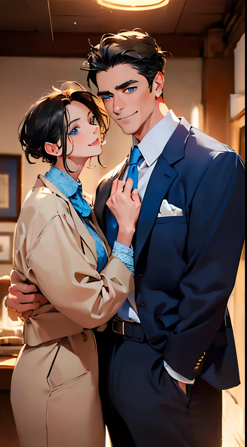 (best quality, work of art, 8k, photorealistic, cinematic lighting, 1:4 HDR image, ultra detailed, beautiful picture), a mature man, 3 very handsome, ((expression in love and smiling at his beloved wife)), short grey black hair, blue eyes, perfect face without mistakes, ((buttoning the jacket, CEO))
