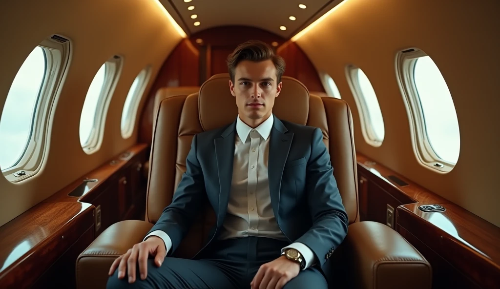 An elegant man sitting in the seat of a private jet, young man, wearing red suit, photo realistic, dark hair no beard, looking serious and misterious, hands hidden, looking outside the window
