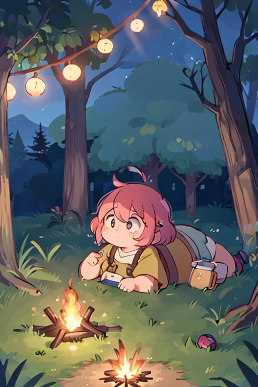 camp,Camper,Bonfire,In front of the tent,Natural curls,night,Short Hair,ソロcamp