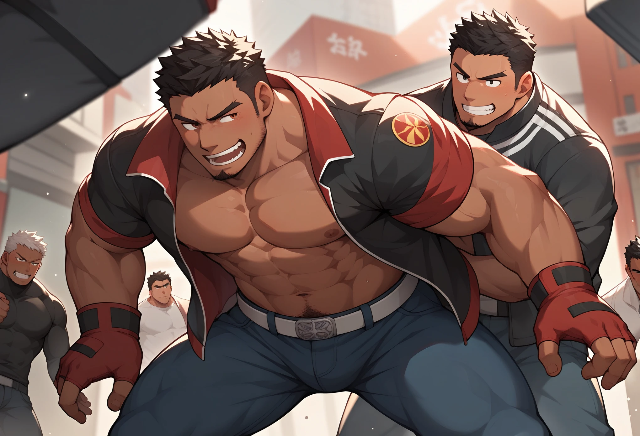 Draw two men fighting in the streets of Tokyo. One is a Japanese male in his 20s with short dark hair, a little hairy, wearing a red hero suit. The other is a Japanese male in his 30s with dark skin, muscular body, short hair, a little hairy, wearing a black jacket and black jeans.