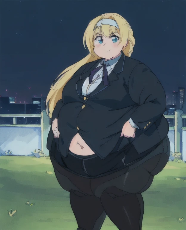 A girl with huge belly, someone struggling inside girl's stomach, girl wearing a purple suit, city street sunset, hyper-detailed, anime style.