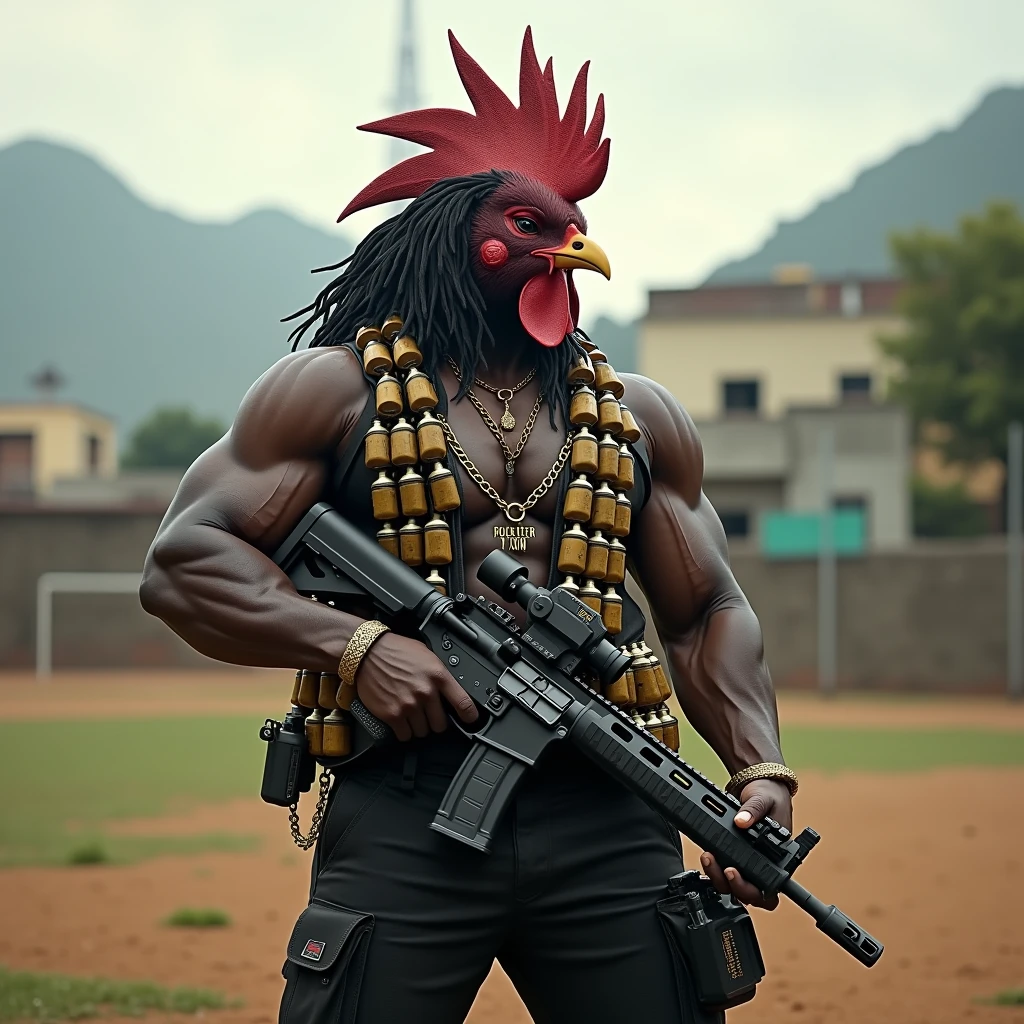 den, rooster bird, solo, male, adult, veiny muscles, defined body, toned muscles, dark black pants, terrorist, bandit, criminal, pirate, serious look, fierce look, small eye, black feathered body, white feathers, detailed background, wild background, clear weather, realistic, photorealistic, ultra realistic, 8k, bare chest, black nipples, tight crotch, shirtless, utility belt, shiny skin, torso tattoo, long feathers, unbuttoned black vest, in a soccer stadium holding a waving white flag, lots of smoke in the air behind