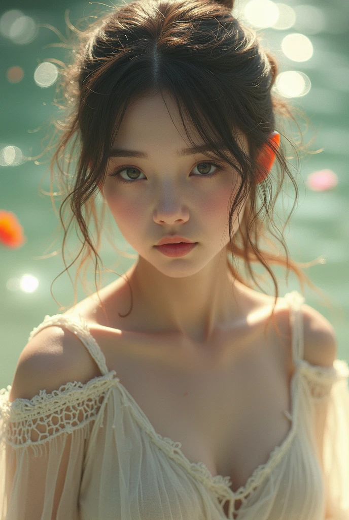 (((Full body image of a woman))),(Model shooting style), (shy), 1 person, Lonely, Shiny black hair、 Extremely rich facial detail, Beautiful Eyes, cute, Slightly red cheeks，bright, Lonely Eyes, Stunning beauty, (Rembrandt Lighting,Loop Lighting,Butterfly Lighting),Shift Lens, ARRI Lenses, Surreal, (Skin with attention to detail:1.2),8k,ARRI ALEXA 35,Promise, Dramatic Rim Light,Sparkle Effect, high quality,Very delicate and beautiful, wonderful, In detail, masterpiece, Very detailed, High resolution,Best Shot, ((Best Shadow)),Exquisite contrast,Complex,Sharp focus, high quality, 1 Japan woman, alone.cute,Yoshika Matsuda,Grand oasis,Splashes of sweat,Wet,Lens flare,No sleeve,Frills,Beautiful breasts,Swallowtail butterfly,A butterfly flutters,Cool eyes,Glossy Lips,An ennui smile,Glowing Skin,Transparent skin,From above,((Open your arms)),Waistline,Beautiful nipples,((No shirt, Very good, Naked underneath, Bare chest, Barely covering her nipples)),((Wet, Her clothes are transparent, Her body and skin sweat)),((View from the rear, From above見た図, Bare back)),Bloom, Flowers are blooming everywhere,Front blur,Lens flare,Sparkling Eyes,Vivid Rouge,Combat mecha legs