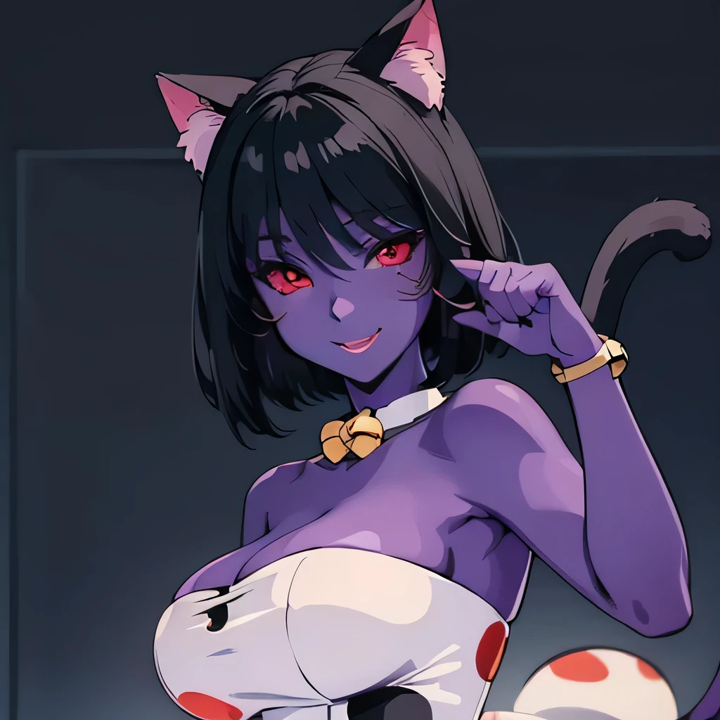  ((masterpiece,best quality,ultra-delicate,Perfect Face,16k,high resolution,very beautiful girl)), purple skin, cat ears, cat tail, polka dots pattern white strapless dress, polka dots pattern white tights, black short hair, red eyes,  large breasts,very cute smile,paw pose