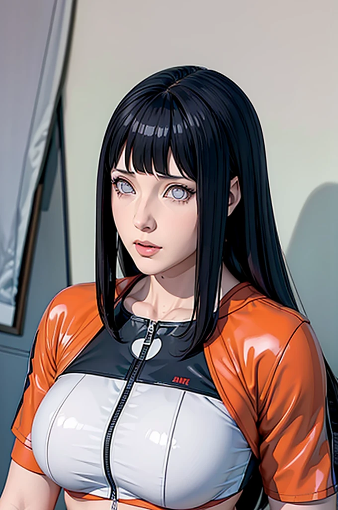 Hanabi from naruto, realistic, age 28, white skin, white pupils, black long bangs, long hair between eyes, perfect face, perfect shape body, huge breasts, 3d, posing to viewe, high detailed art, latex art