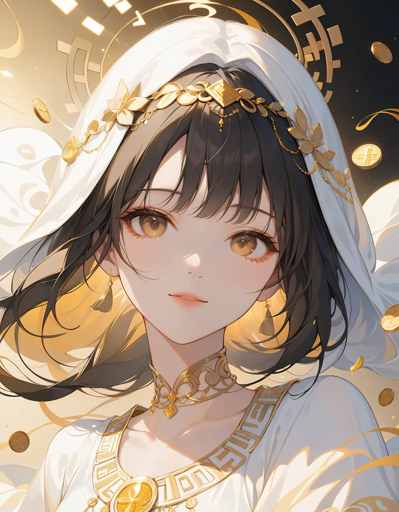 close-up, 1girl, solo, black hair with strands of shimmering gold thread, deep brown eyes, serene face, soft smile, white robe reminiscent of a Greek goddess, intricate golden embroidery, floating golden coins and glowing mathematical equations, warm golden light, masterpiece, best quality, very aesthetic, absurdes.