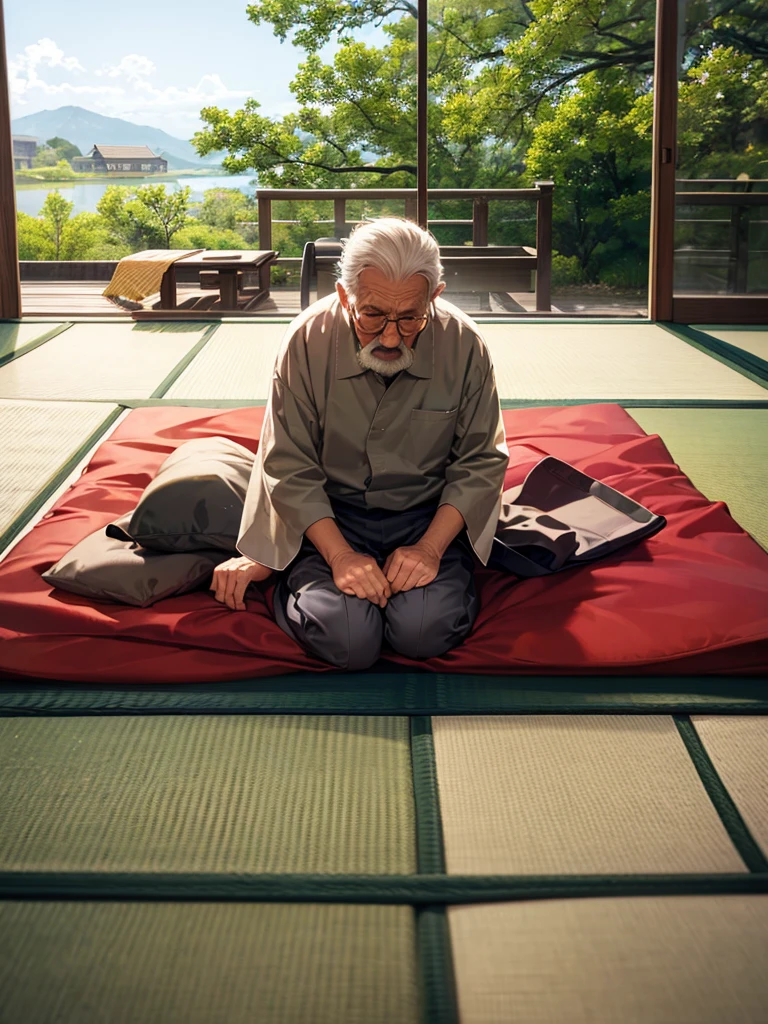 (male people),60 years old,Handsome old man,Samurai clothes,Strong build,(in a kimono,The hem opens),The reveal panties,In old Japanese houses,On tatami,large bulge,The crotch faces the camera,The camera is focused on the crotch,High fidelity,Sexy action,Hands touching the crotch,Sexy action,Wear socks,well-illuminated,Warm lighting