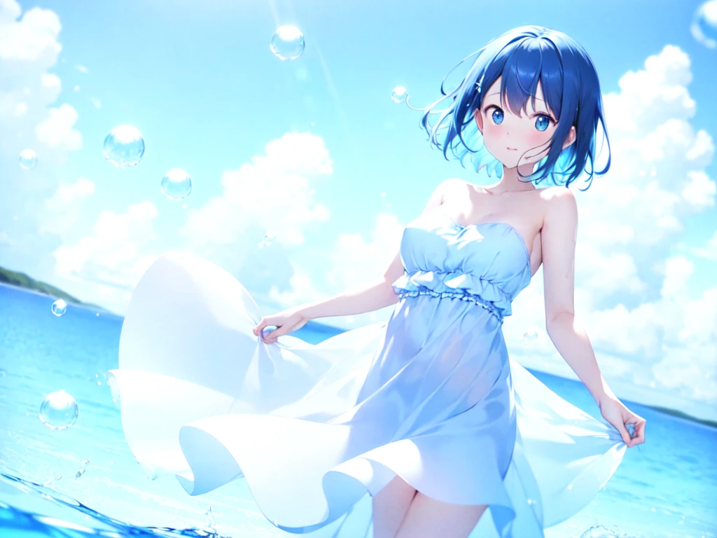 A cute light blue shirt that shows off her 、Light blue frilly flared skirt、She lifts her skirt with both hands to show off her cute white underwear、Cute white underwear visible when skirt is lifted、Sandy beach, beautiful sea, night and starry sky