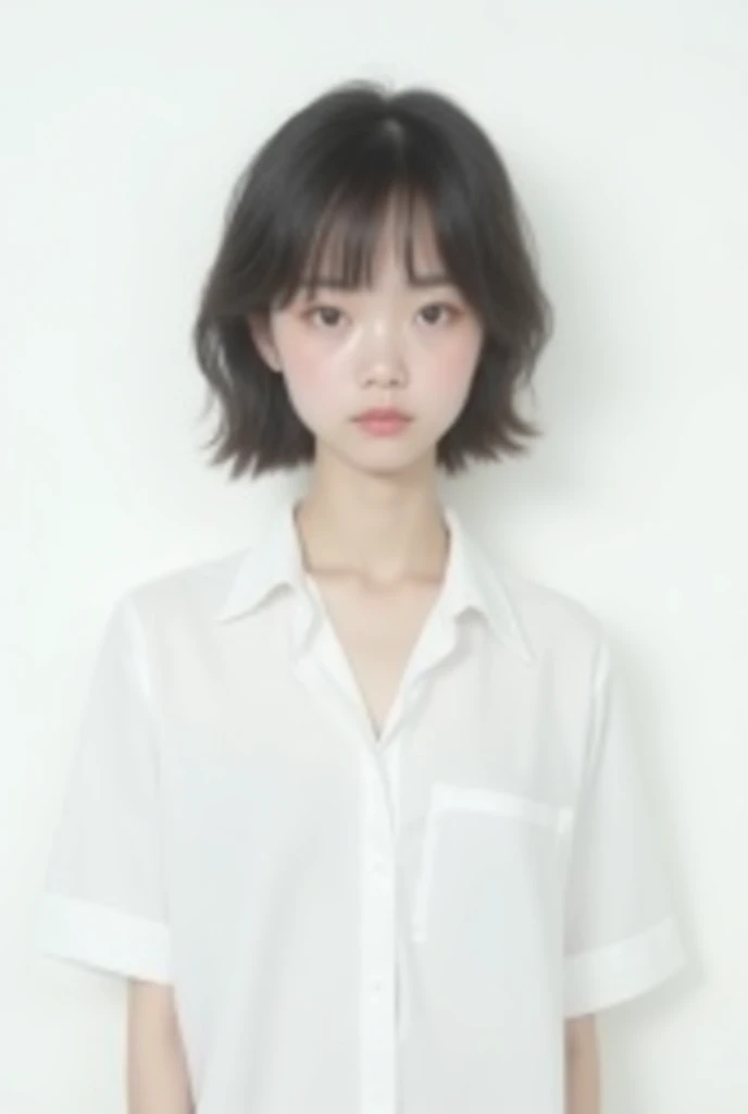 On a white background、A young man wearing a plain black unisex T-shirt、Japanese、22 years old、Black Hair、Bobcut、