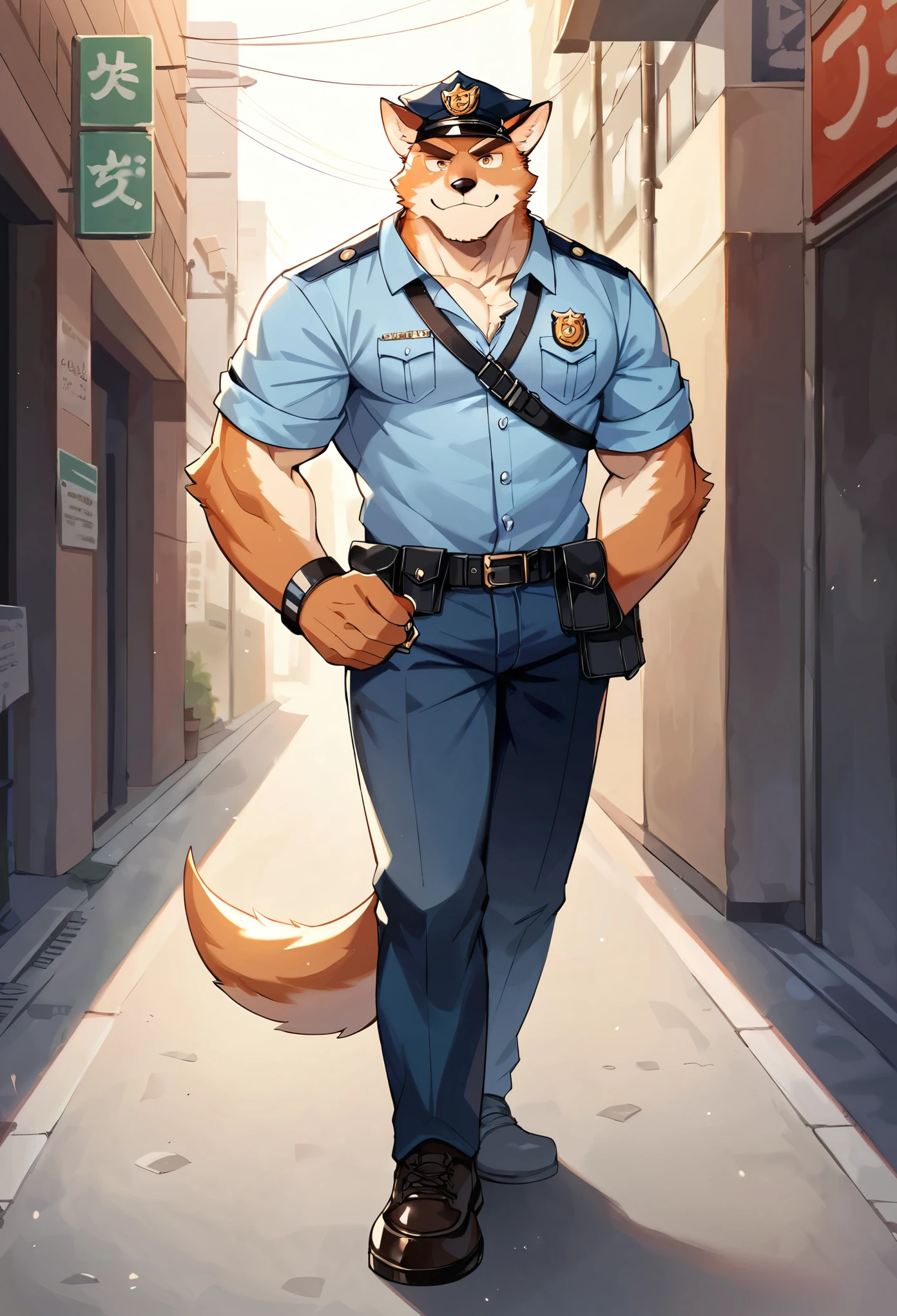 rating_safe, score_9, score_8_up, score_7_up, score_6_up, score_5_up, score_4_up, hires, cover page, absurdres, perfect anatomy(kemono, furry anthro, handsome boy)police officer, street, good lighting, cinematic shadow,