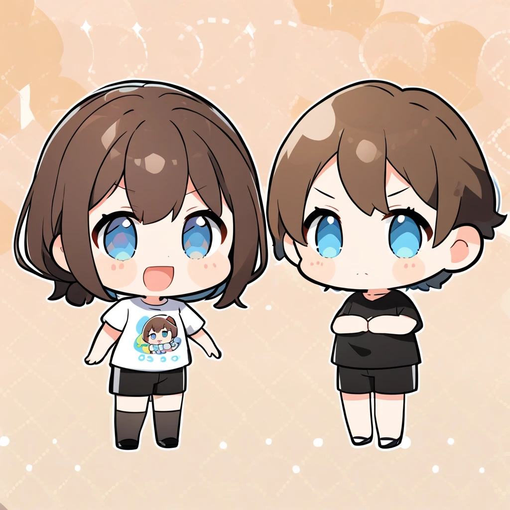 2 heads 、Chibi Character、Neutral facial features、Blue Eyes、Brown Hair、T-Shirts、Black shorts chibi,gacha style