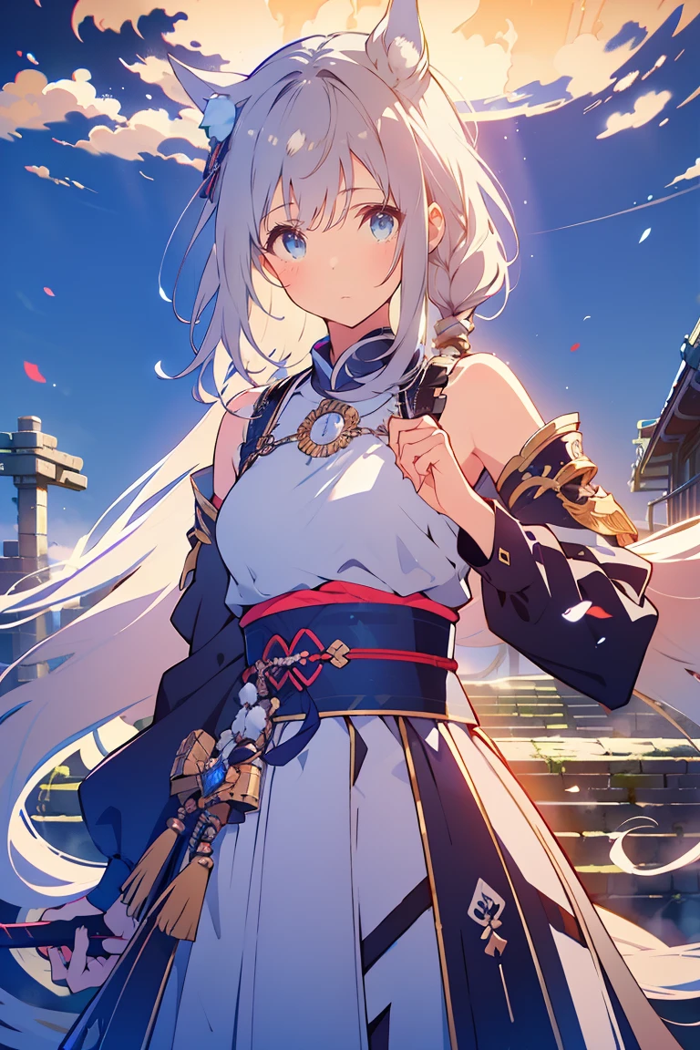 girl, , Samurai Armor, Samurai Pearl, knife、Purple lightning flashes in the background、Gray Hair、Dilapidated Ruins,(((masterpiece))),Highest quality, figure,(Beautiful detailed girl),Exposing shoulders,flat_CHST,Diamonds and sparkling eyes,Beautiful and detailed cold face,Very long blue and silver hair,Floating black feather,Moon of night，, Best Quality, Highly detailed CG Unity 8k wallpaper, anime「Horse Girl」Characters. Detailed illustrations of Glass Wonder, Horse&#39;s ears, Light effects, thunder efect, The background is dark、The light of the spotlight, Motion Blur, Character border depth, Cinema Lighting, Bokeh Photo, (Soft Focus):1.2, Out of focus highlights, Dreamy mood, Glowing circle, Fascinating Depth,