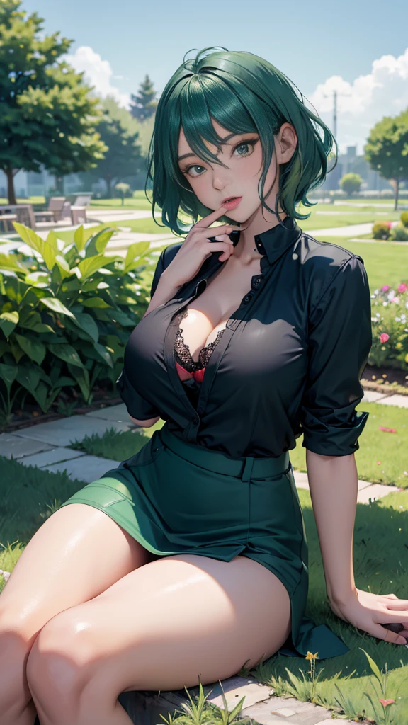 Big Breasts, tongue, , Mouth open in surprise, Green Hair, Sexy thighs,     garden, lie, During a break, Please put your feet up, Black jacket, Blue mini skirt, light blue lace panties, Red underwear, Green wavy short hair, Spread your legs, Kick Up, Lying down