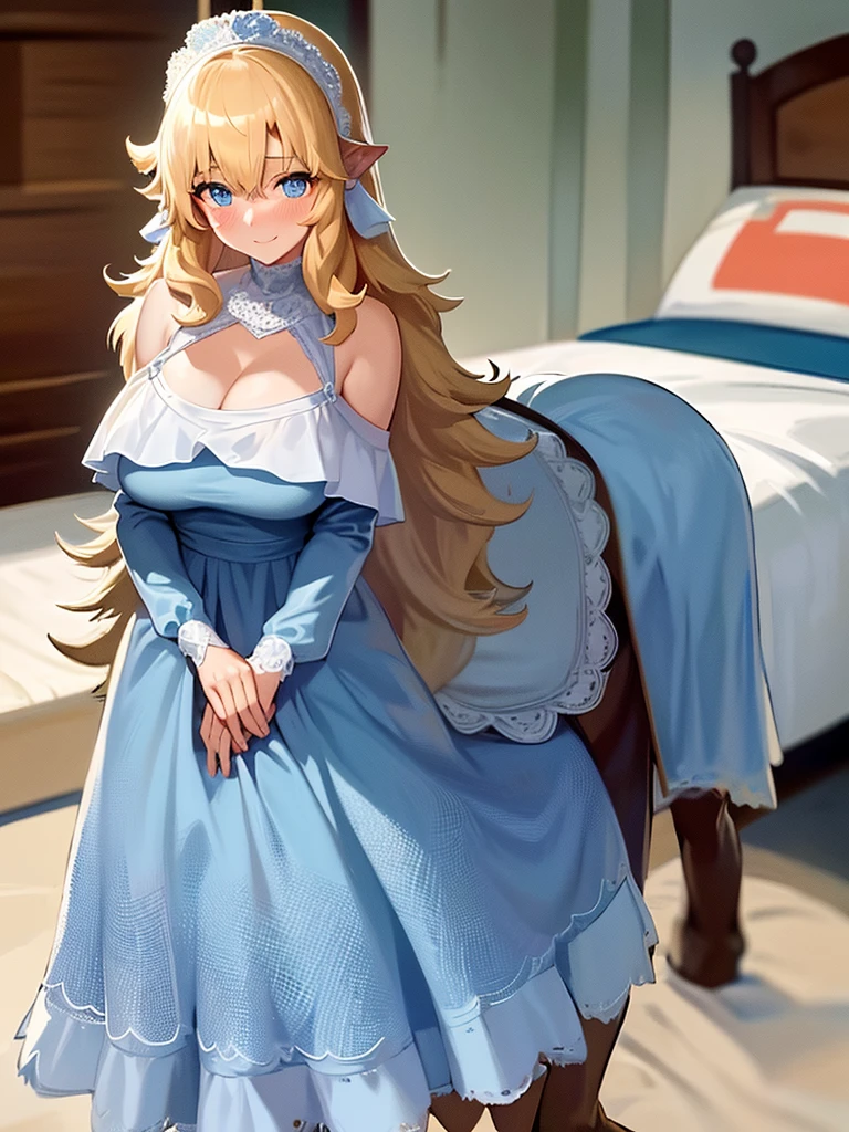 1girl, centaur, blonde hair, medium hair, blue eyes, white wedding dress, happy face, blush, looking at viewer, bedroom, bed,