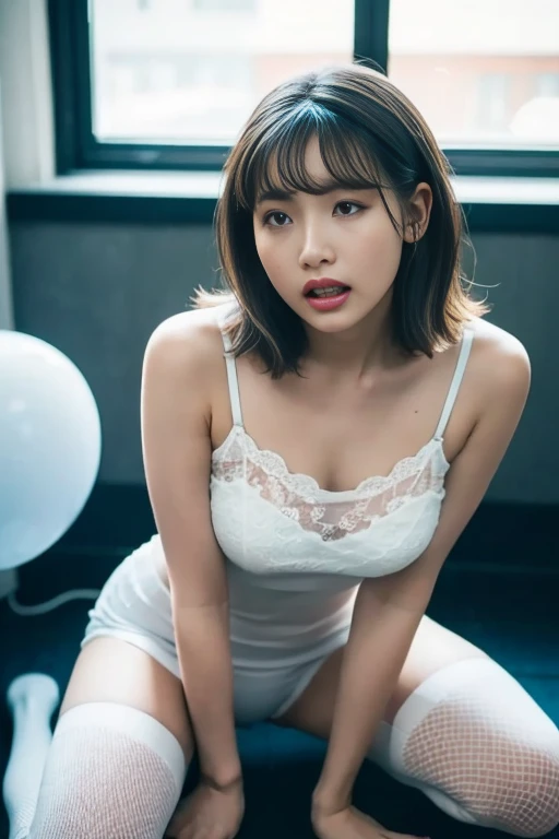 (Real: 1.5, Tabletop: 1.5, 8k), (Top Quality, Masterpiece, Ultra High Resolution), Perfect Dynamic Composition, Professional Camera Work: 1.4, Highly Detailed Skin and Face Texture: 1.3, Mysterious Portrait: 1.3, Glow Light Effect, Ultra Detailed, Alone Girl, ((Night View from Inside a Building, Pitch Black Room: 0.9, Night Moonlight Shines Through the Glass)), ((Pale Pink Nightgown)), (Model Body), Clear Face, (Beautiful and Attractive Eyes: 0.9, Dreamy Expression: 1.0, I Love You From the Bottom of My Heart: 0.8, Beautiful Erotic Taste: 0.7), (Wet Dark Brown Bob Cut), Candle, Large Breasts, ((cleavage)), breast grab, Necklace, (Sitting on Bed, Sitting Cross-legged), ((Attractive Functional)), Bed, Bedroom, Covered Nipples, ((Blushing:1.37)), No Panties, No Bra , Thin Eyebrows, skirtlift, covering breasts, One hand on own breasts, (Accurate hands), Wariza, One breast spilling out of the nightgown, One breast protruding from the nightgown; the hem of the nightgown lifted up