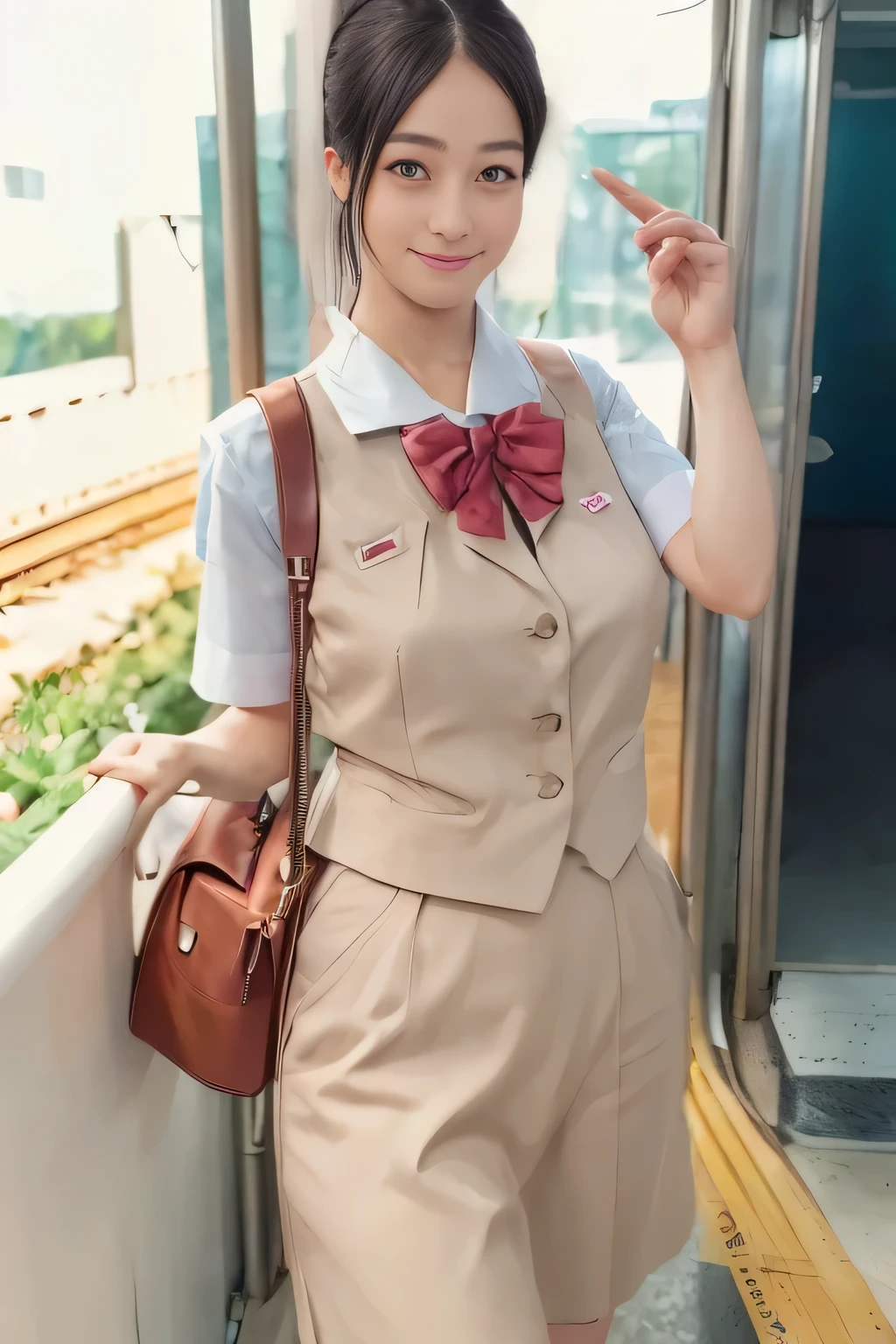 (masterpiece:1.2, Best Quality:1.2), 32K HDR, High resolution, (Alone、1 girl)、（On the roof of a building during the day、Professional Lighting）、Building rooftop background、（Real style of JR Woman wearing train crew uniform beige）、（（JR Female Train Crew Uniform Beige Light Blue Blouse Short Sleeve 、 Knee-length culottes skirt、Beige vest、scarf））、Dark brown hair、（Long Hair、Hair tied up、Hair tied up）、Dark brown hair、Long Shot、Big Breasts、Thin legs、（（Great hands：2.0）），（（Harmonious body proportions：1.5）），（（Normal limbs：2.0）），（（Normal finger：2.0）），（（Delicate eyes：2.0）），（（Normal eyes：2.0））)、smile、（JR Woman Train crew uniform beigeのKnee-length culottes skirtを見せた美しい立ち姿）、Hands down