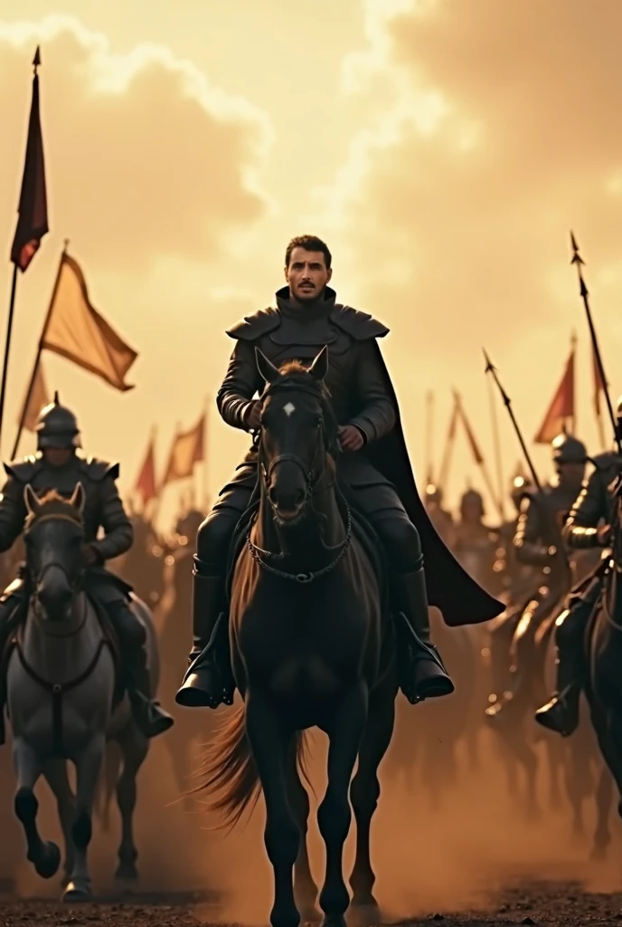 there are a lot of people riding horses with spears on their heads, dale keown and greg rutkowski, commercial shot, red banners, in style of anne stokes, knights armor, shot on anamorphic lenses, patriotic!, pc screenshot, gondor, reckless cohort, kit bash, inspired by Henricus Hondius II
