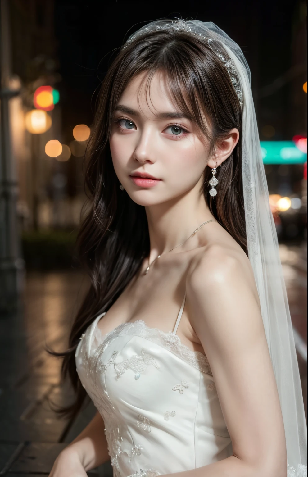 Disorderly posture, (very delicate and beautiful work), (masterpiece), 1girl, girl in wedding dress, veil, lace, high definition, ridiculous, charming expression, beautiful clear eyes, green eyes, delicate necklace, delicate earrings, simple background blur, ultra-fine depiction, beautiful, attractive, ultra-fine painting, delicate face, delicate figure, thin collarbone, nice lips, beauty big, soft back, mix4, ( 8k, RAW photos, highest quality), masterpieces: 1.2), (realistic, photorealistic: 1.37), single girl, cute, cityscape, night, professional lighting, photon mapping, radiosity, physically based rendering