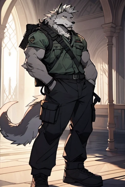 A Upper Body And Right Side Body Picture of A Very Muscular Furry style Gray Wolf. he is wearing Full Long Dark Green Soldier military Suit outfit. He is looking at the viewer. The background is only solid white nothing but just white. His hair is spikey and messy. He have A gray hair. He have a little smile with blushes on his face in shyness. He have a very long tail. he have gray eyes. his one hand is in his pockets while his other hand is sratching his head. he is standing in the background