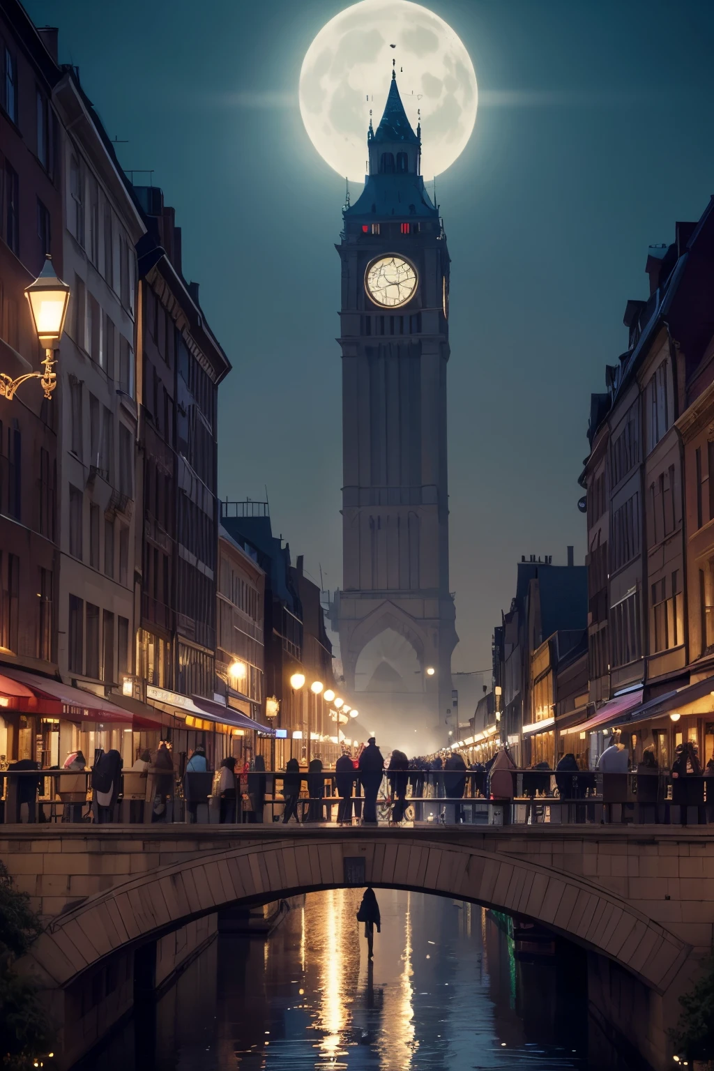 people walking on a bridge in a city at night with a large clock tower in the background, cute face, classic scenario, arstation and beeple highly, city street, metropolis, Albert Edward Hughes's draw style