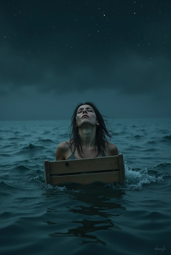 photograph of a 20yo spanish woman, beautiful, gorgeous, sexy, cute, pretty, erotic, long shiny blue hair, pigtails, dimples, pretty brown eyes, long eyelashes, perky lips, 28d breast, big buttocks, petite, manicured fingernails, manicured toenails, tattoos, nude, naked, shipwrecked at sea, floating on the water, boat wreckage, rain, thunder, moon, lightning, hurricane, ocean, water, log raft, sharks, fish, full body shot, dramatic angle, extreme angle shot
