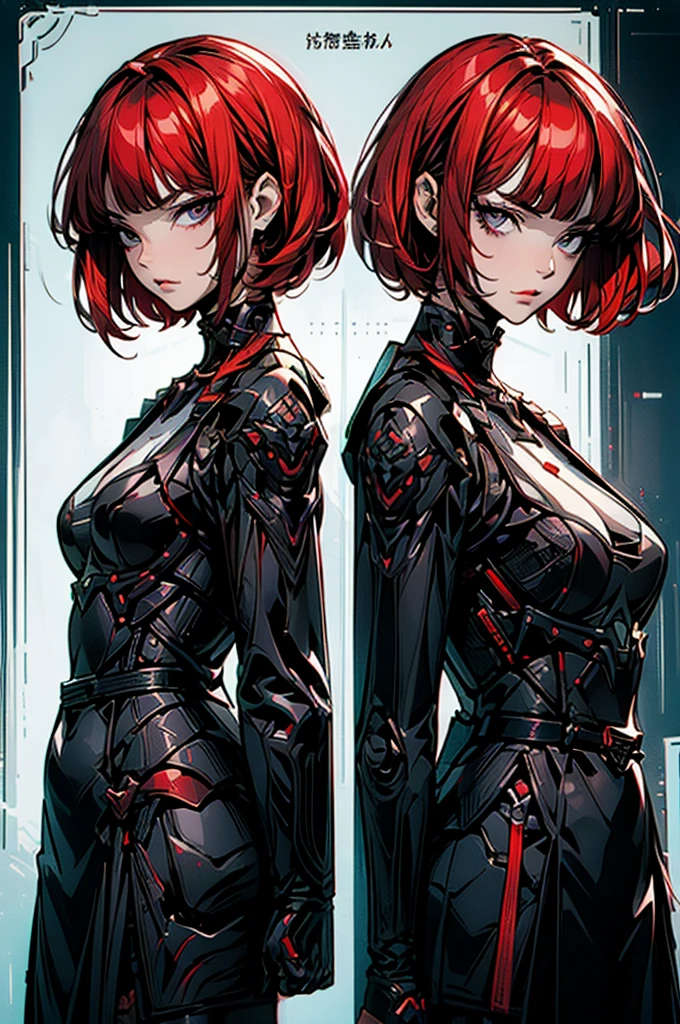 Cool women、High Quality、Structurally correct fingers、Masterpiece、Beautiful Eyes、Perfect detail、detailed, npc, Character Sheet, vector, White background, Reference Sheet, Woman with beautiful face、Reference Sheet,Three Views、Red Hair、bob cut、front view & side view