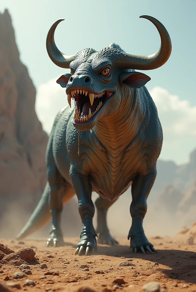 Create a fearsome, fully muscled cheetah-triceratops hybrid with hyper-realistic, rugged skin and scales, against a dark, intense background for a truly shocking effect."