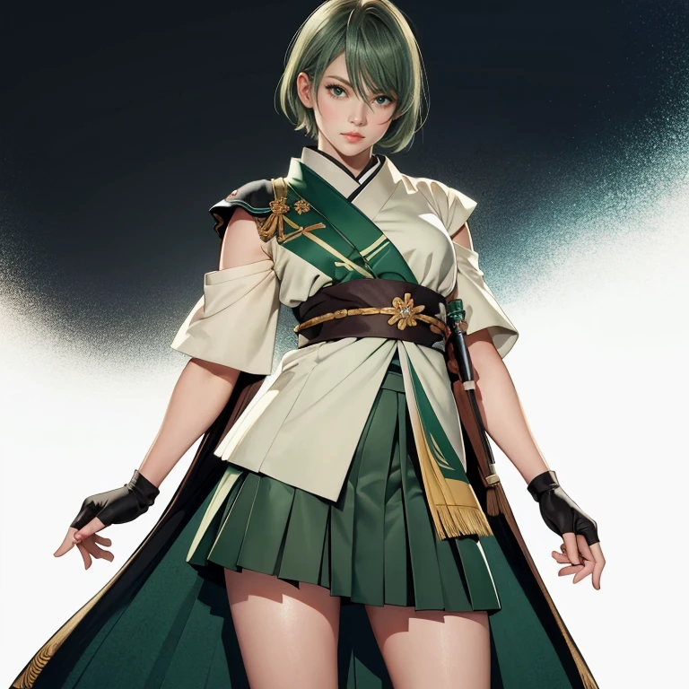 masterpiece,best quality,extreme detail,8k,white background,green hair,realistic,Pale green eyes,tamakidoa,1girl,solo,looking at viewer,short hair,skirt,gloves,brown eyes,japanese clothes,fingerless gloves,sash,obi,hakama, black miniskirt