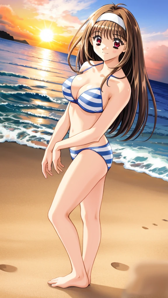 mizuho_yuuki, 1girl, brown hair, red eyes, ((white hairband:1.2)), medium breasts, long hair, Striped-bikini, cute smile, 嘘つき, standing, looking at viewer, (from side, from below, cinematic angle), ( She walked along the beach in the sunset, her bare feet touching the water, the closest she came to seeing that smile.),barefoot,　Two Arms, (cinematic angle:1.1),