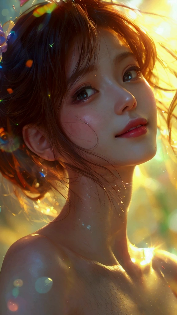 High resolution, Anatomically correct, Best Quality, Textured skin, chest, A seductive smile, expression, Dutch Angle, Lens Flare, girl,Overlooking,