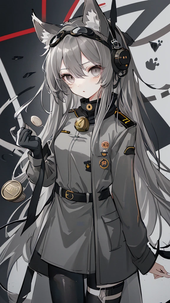 nervous，gray long hair，Dark Eyes，gray military uniform，animal ears, bell，coin, goggles, 