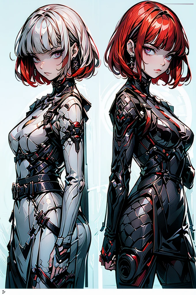 Cool women、High Quality、Structurally correct fingers、Masterpiece、Beautiful Eyes、Perfect detail、detailed, npc, Character Sheet, vector, White background, Reference Sheet, Woman with beautiful face、Reference Sheet,Three Views、Red Hair、bob cut、front view & side view