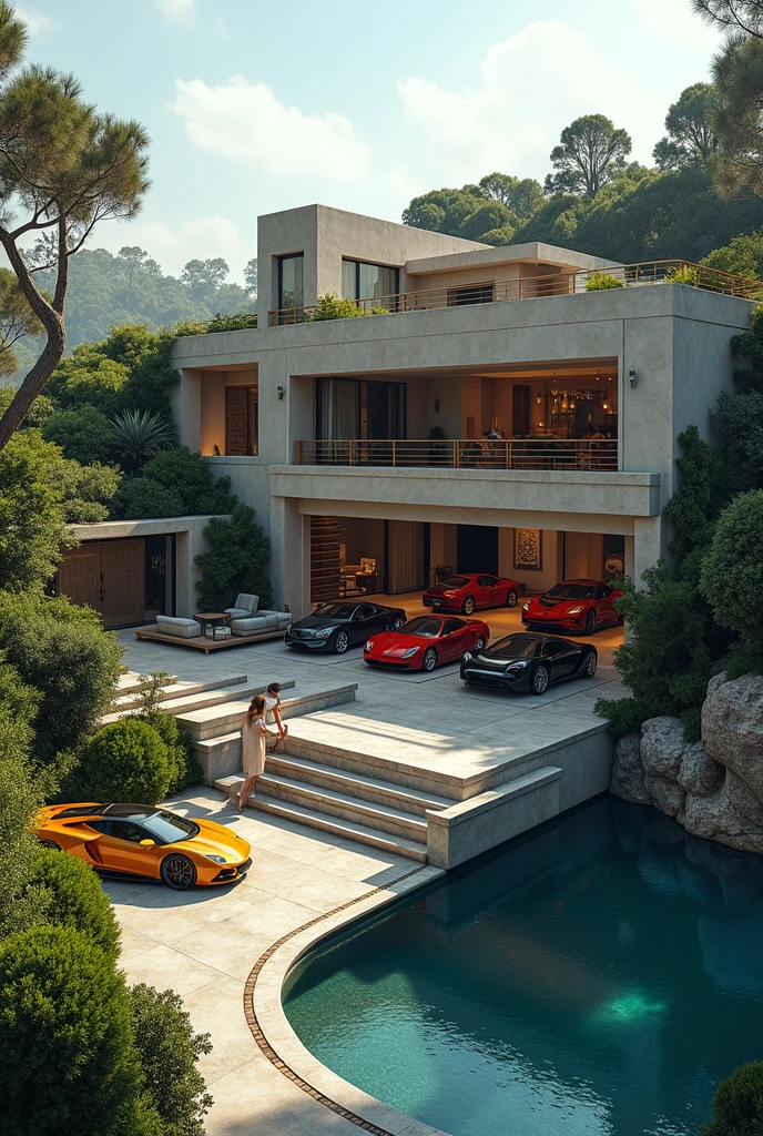 rich blonde women in bikinis and beachwear heading towards a gigantic modern minimalist mansion with an infinity pool and luxurious cars parked in the mansion's garage ferrari and lamborghinis
man with anonymous mask sitting on the hood of the ferrari