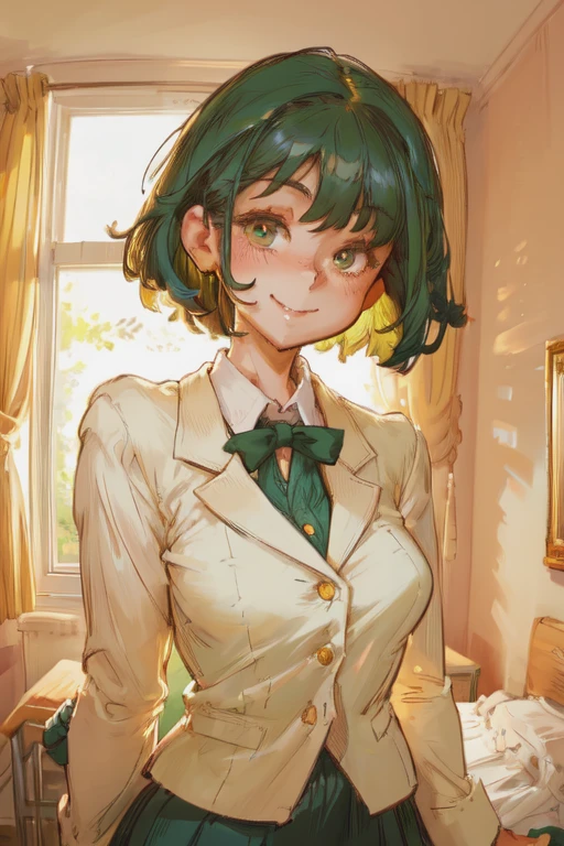 1 girl, hands on the back, school girl, short, (smiling with teeth), cheerful, ((blushing)), medium hair, [green hair], ((detailed eyes)), green irises, white blazer, black skirt, medium breasts, (half-length portrait), (in a dorm room), golden hour, masterpiece, (high definition), smooth and clean, [cutesexyrobutts' artstyle]