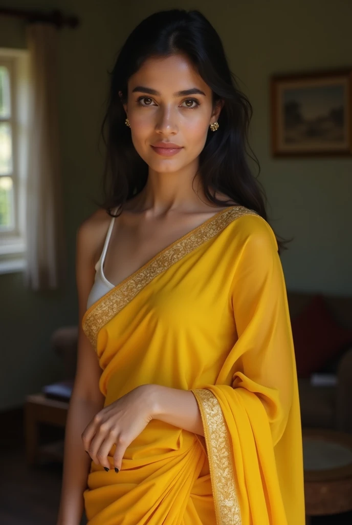 beautiful detailed woman, gigantic breasts, cleavage, stylish and sexy white and yellow printed saree, sitting in kitchen, model pose, beautiful body, (best quality,4k,8k,highres,masterpiece:1.2),ultra-detailed,(realistic,photorealistic,photo-realistic:1.37),film type light, portrait photography, camera angle front, looking at viewer, bathroom background