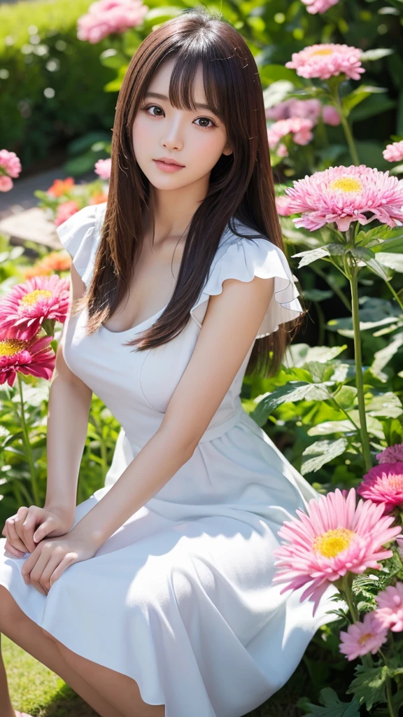 A young, cute and kind girl 

long hair with no curls 

(black hair) 

calm smile 

D cup breasts 

girl wearing a camisole 

(white camisole) 

A flower garden all over the ground 

(pink flower field) 

clear and beautiful sky 

contrails in the sky 

japanese girl 

