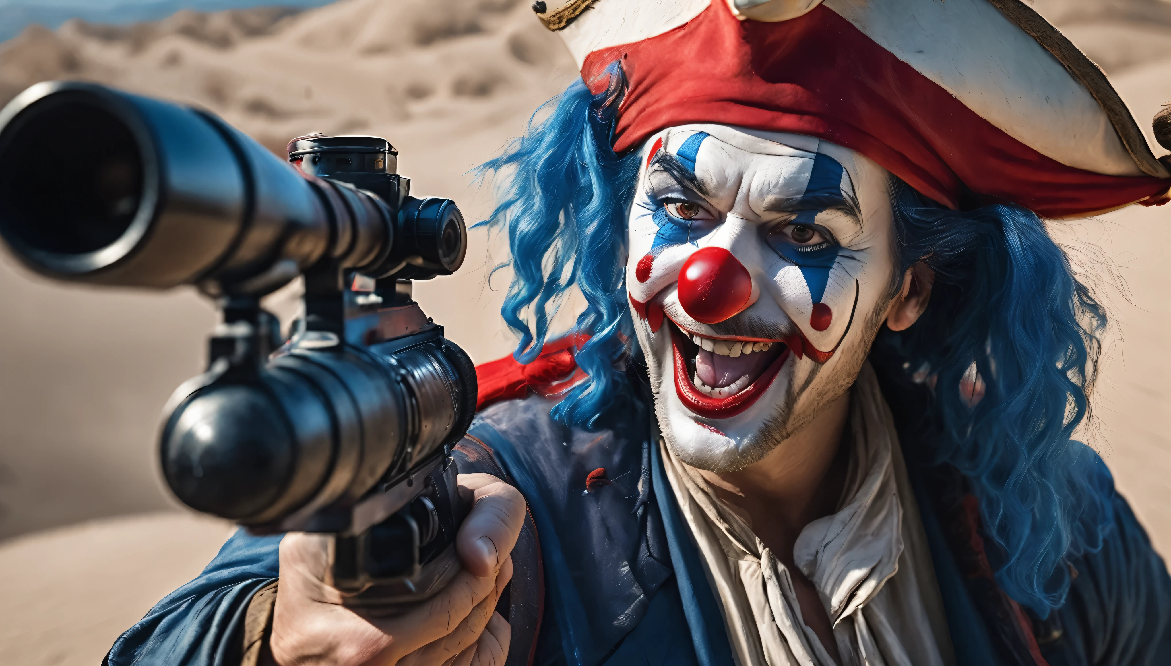 masterpiece, best quality, extremely detailed, hyperrealistic, photorealistic, a cool 40s man, ultra detailed face, clown makeup, red pirate hat, white skin, red nose, blue long hair, desert, shooting canon:1.2, gun fire effects:1.2, laughing, dynamic angle, strenuous movements, dynamic angle


