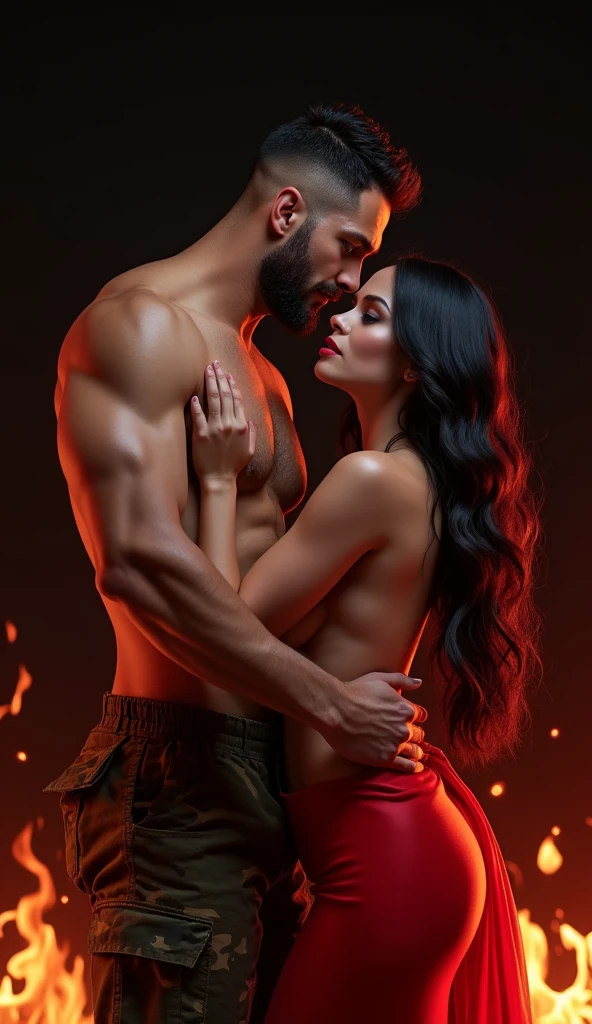 A Hot man holding girl by chain on her throat background is black and red and his junoon written