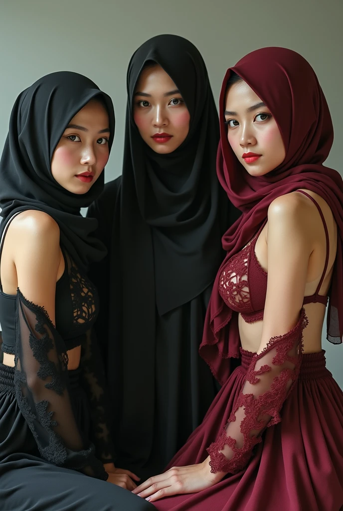 Three mysterious maidens in the living room of the 280th floor of Singapore's tallest building in the tropical city,Black robe,Black clothes,Black veil,wearing a hijab,Beautuful Women