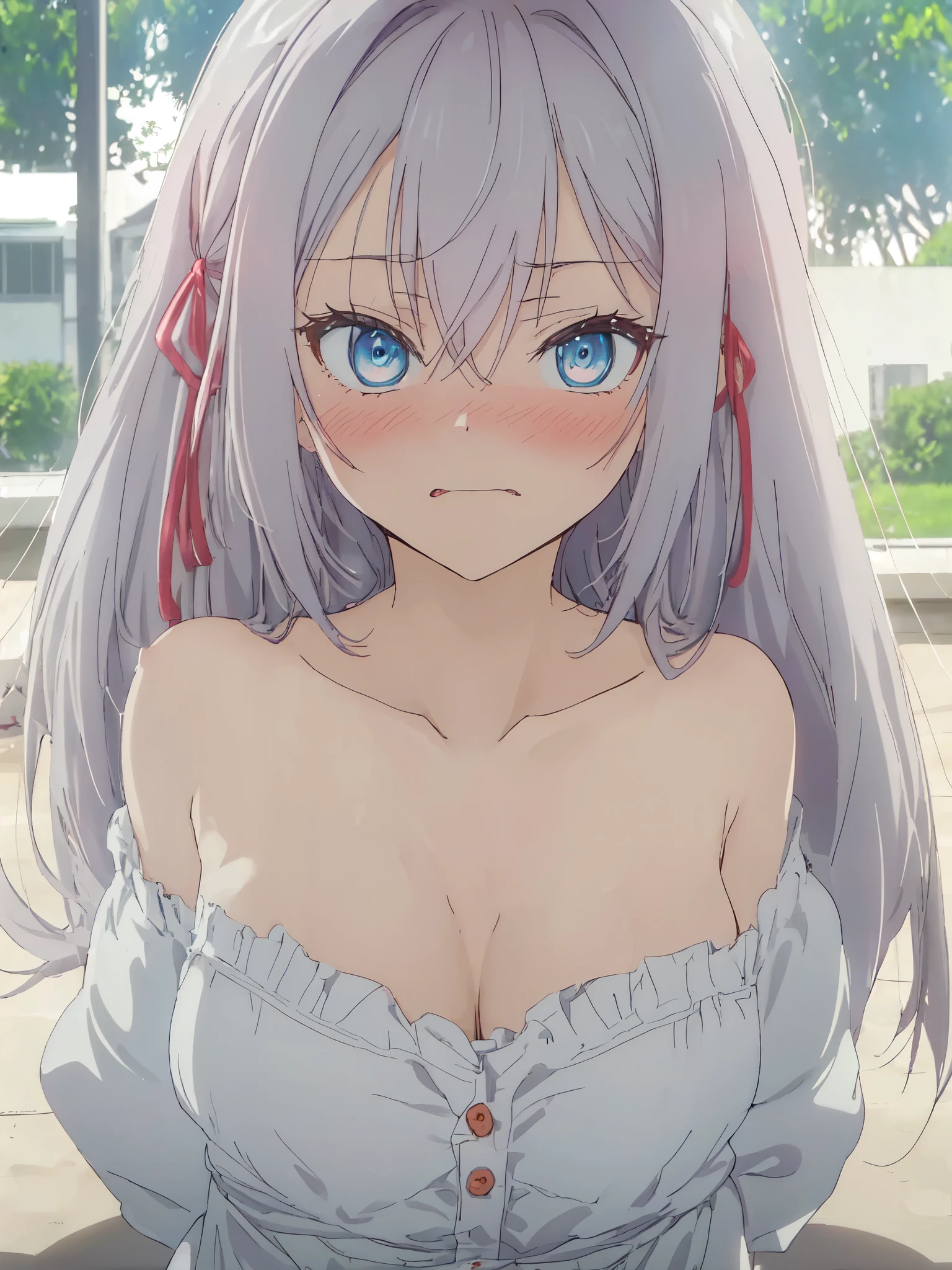 (((masterpiece、Best Quality、High resolution、High precision)、anime))、Silver Hair、Beautiful normal sized breasts、(Dynamic pose)、Looking at the camera、(Beautiful detailed face、Beautiful big eyes)、((One beautiful woman))、((Embarrassed face))、Red cheeks、(((Blushing with a bitchy expression)))、Blue Eyes、Long Hair、Solo portrayal、(((High resolutionのフル、High quality nipples)))、(((Blushing with a bitchy expression)))、（Beautiful nipples）Sit on the bed in the bedroom、((Beautiful fair skin))、Light from the front、Focus on the upper body