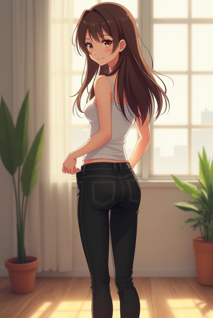 Beoutifull anime girl with brunette hair with a short tifht skirt bends iver and u can see her ass and pussy