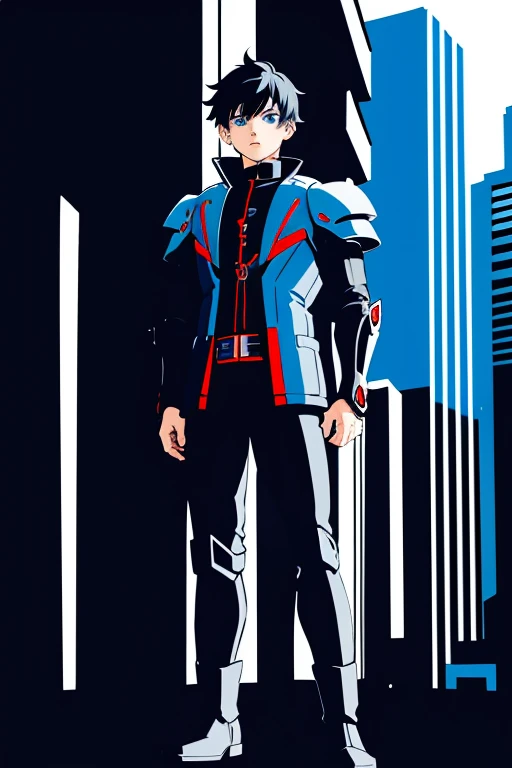 whole body, whole bodyの一般的な写真, Anime boy with blue eyes and black hair in futuristic outfit, Cyberpunk Anime Boy, Boy in Mecha Cyber Armor.