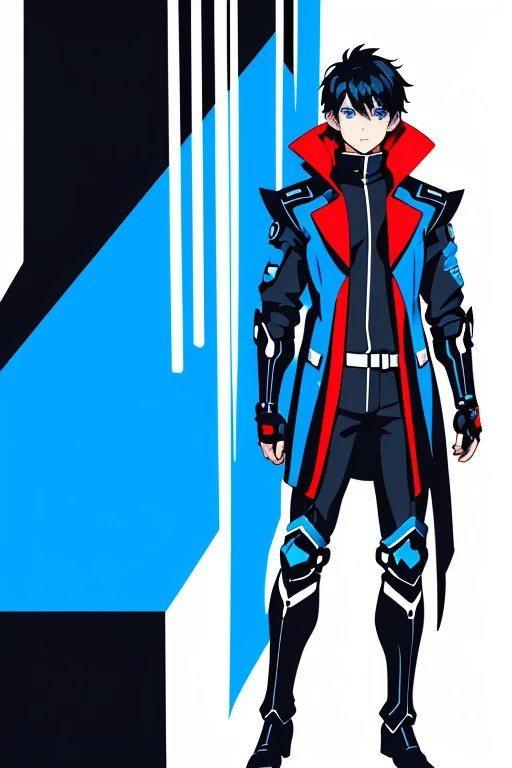 whole body, whole bodyの一般的な写真, Anime boy with blue eyes and black hair in futuristic outfit, Cyberpunk Anime Boy, Boy in Mecha Cyber Armor.