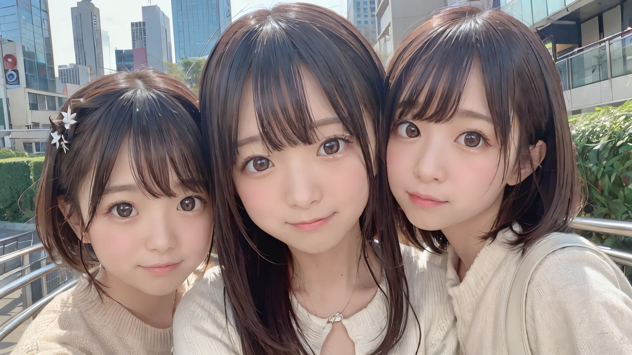 8K, RAW Photo, Best Quality, Masterpiece, Realistic, PhotoRealistic, Extremely Detailed 8K Wallpaper, Beautifully Detailed Eyes, Finely Detailed Face, 
 BREAK 
Cinematic Lighting, 
 BREAK 
(s-bridge + cityscape:1.3), 
 BREAK 
Perfectly Anatomically Correct:1.0, 
 BREAK 
(3 Girls:1.4), Kawaii, 
Symmetrical Clear Eyes, [Captivating Eye Reflections, Chocolate Color Eyes], Smiling Cheerfully, 
[Round Face, Round Chin], Middle-teen, 
Wearing COMME des GARCONS Autumn Clothes, 
[Skindantation, [Cleavage]], 
[Looking Up Viewer Straightly], 
 BREAK 
SFW, Dynamic Shot from Right Side Below:1.0, Bokeh:1.0