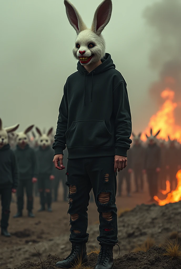 lizoldBS_soul3142,1 20 males, furry White bloody rabbit mask with creepy smile and yellow bloody teeth, completely Black torn hoodie, standing in the city street at night, neon lights in the background, steampunk, dystopia, ethereal, detailed, masterpiece, best quality, dramatic lighting, full body, torn Black pants, blood stains, walking to camera, holding ritual knife in the right hand, massacre in the background, chains in left hand