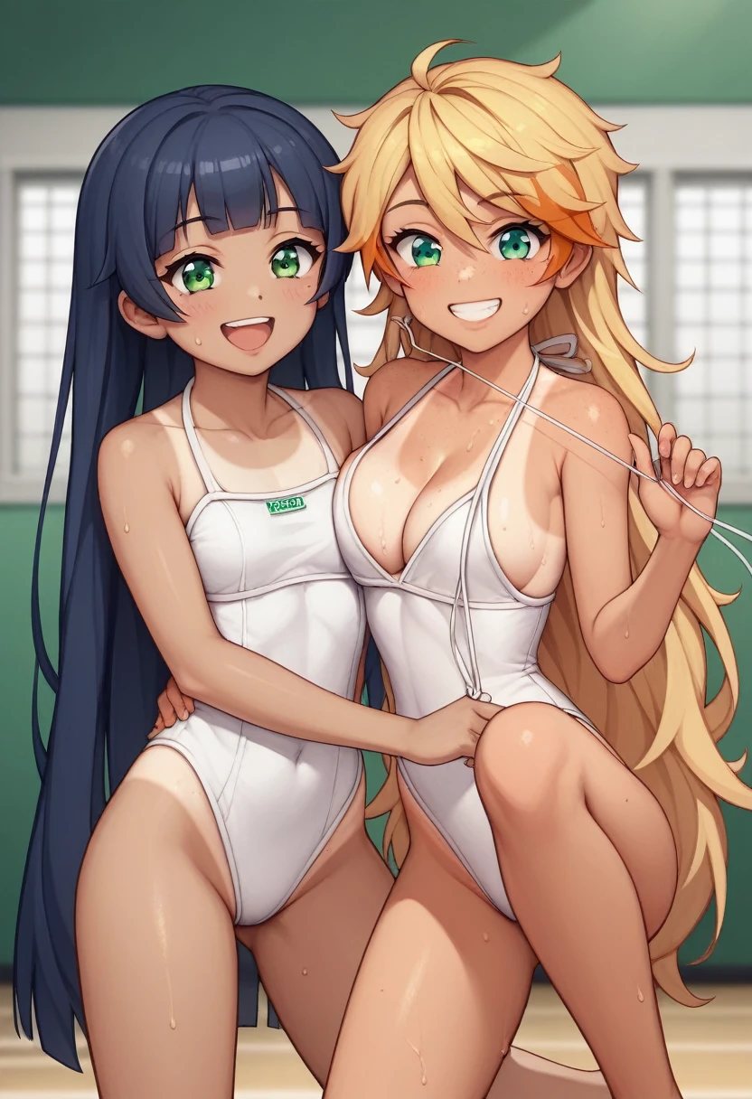 2人の女の子(,young girl ,short stature,gyaru)) ,flat chest,nsfw,plump,one-piece-swimsuit,big head、evilsmiling,black hair,long hair,bobcut.show ass,poolside,condom belt