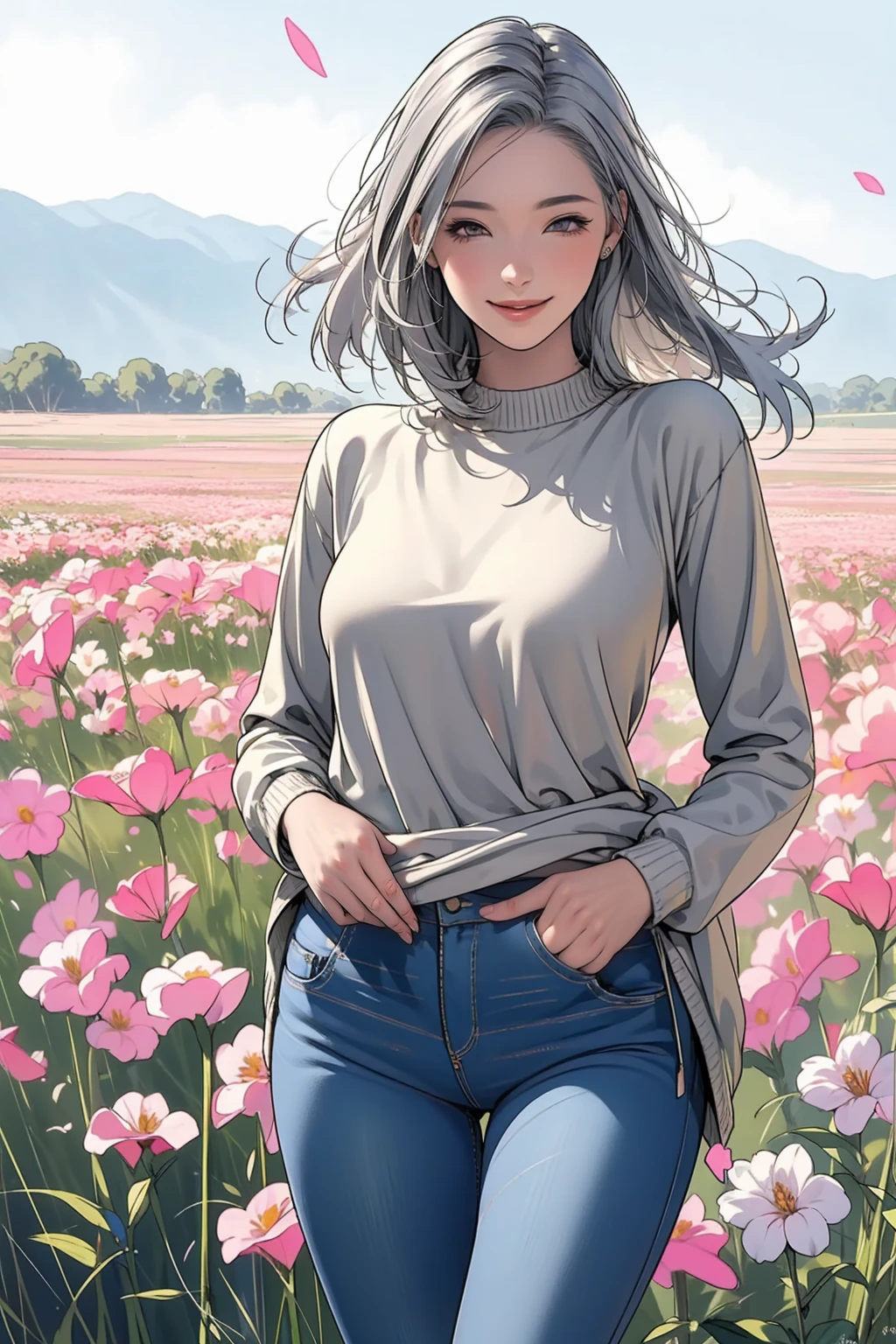 1 girl, white silver hair, wearing  gray sweater, tight jeans, standing, at the fields full of flowers, hands on the hips, floating hair, wink and smile expression, 