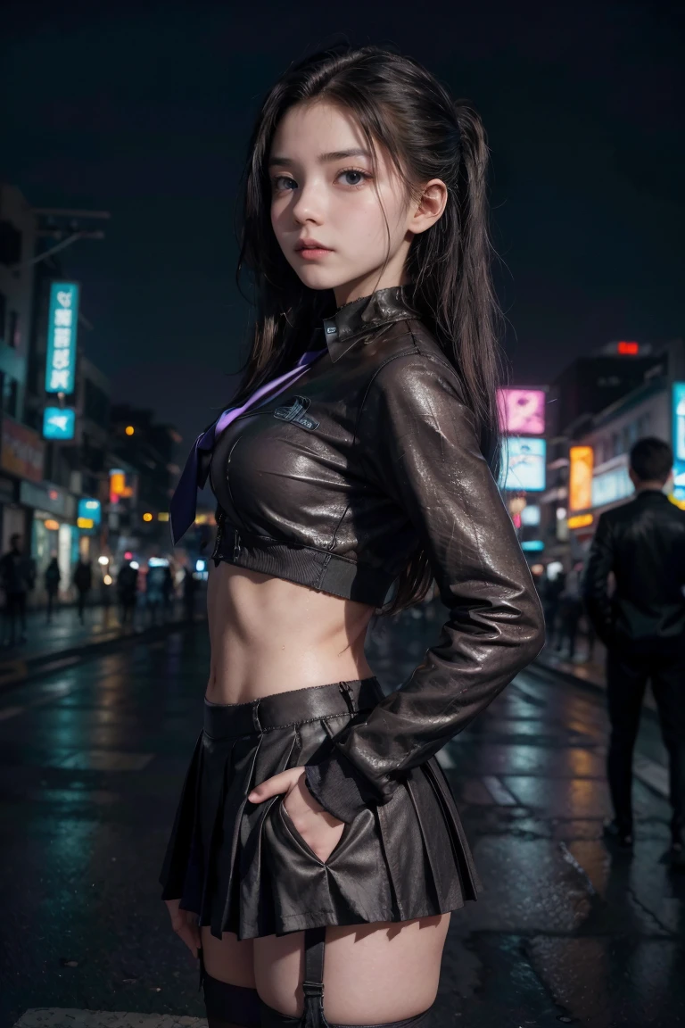 (masterpiece、Best Quality、Best Quality、High resolution、Real、RAW Photo 8k)、(SF、Cyberpunk night cityscape、Cyberpunk night neon city:1.2)、European Girls、Bright deep blue eyes、Sharp Eye、Thin Nose、Beautiful Face、Female 1 person、beautiful girl、Junior high school students、Hair blowing in the wind、Black Hair、Straight Long Hair、Glowing hairpin:1.2、Toned body、(Cyberpunk Junior high school students uniform:1.2)、Fishnet stockings、garter belt、belly button、Glowing Tie、(Hands in pockets:1.2)、Night walk、Medium Shot、(from side、look at viewer)