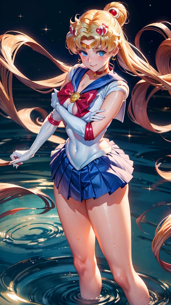 Sailor Moon, ( Full body close-up shot ), , shy,  Wet clothes, Cleavage, Wet, anime,Seductive pose, smile, cute, blush, Ultra-high quality and ultra-high precision, Ultra-realistic, 8k, masterpiece