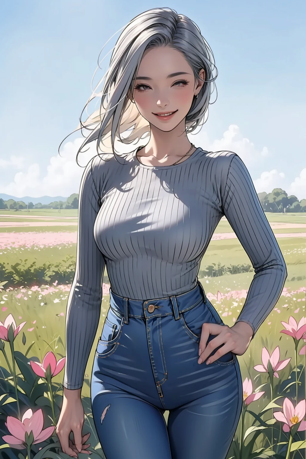 1 girl, white silver hair, wearing  gray sweater, tight jeans, standing, at the fields full of flowers, hands on the hips, floating hair, wink and smile expression, 